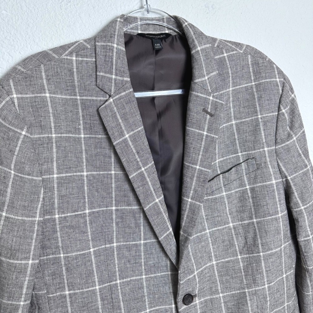 Banana‎ Republic Men 44R Slim Brown Windowpane Plaid Linen Cotton Blazer Jacket